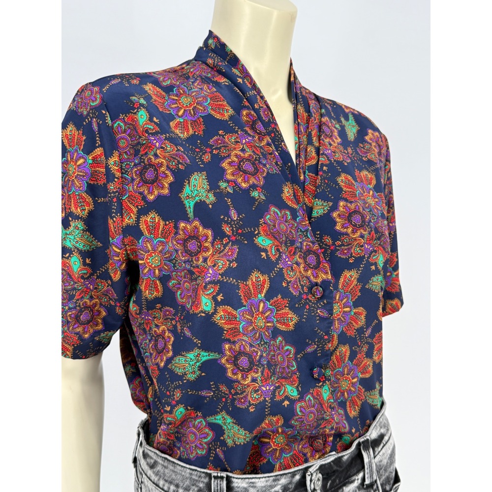 Vintage Sellecca Womens Floral Paisley Neck Tie Bow Blouse Navy Blue Size 10